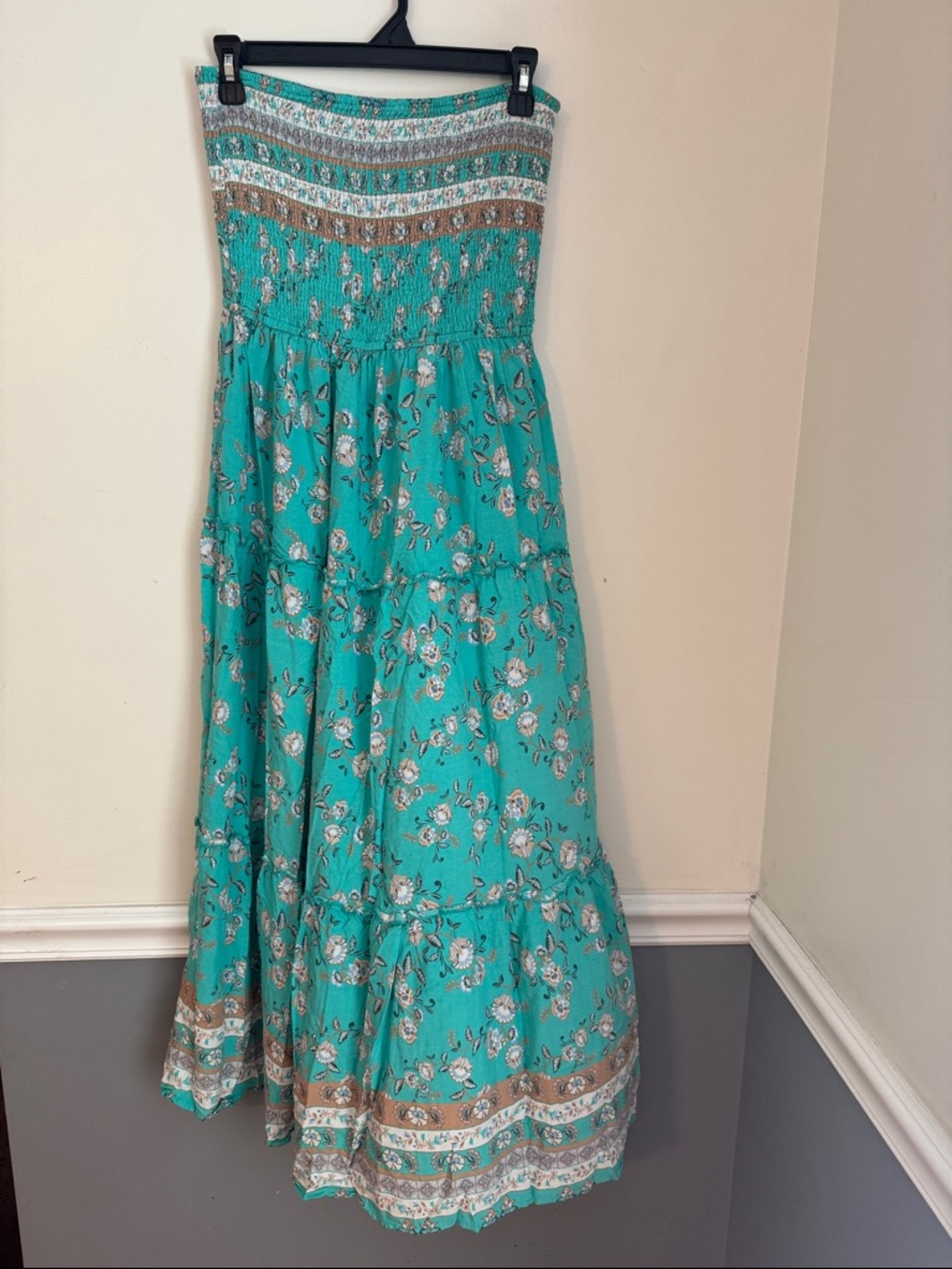 Zesica Turquoise Floral Bohemian Strapless Maxi Dress Size Large